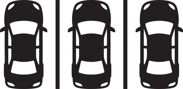 Top-down view of three black parked cars separated by vertical parking stall lines also transparent background