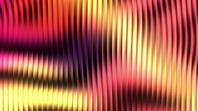 Abstract futuristic vertical metallic lines waving with vibrant gradient neon pink and warm orange lighting effects in a seamless digital motion loop