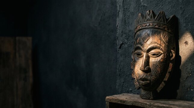 Carved wooden tribal mask with intricate patterns, representing African culture and tradition.