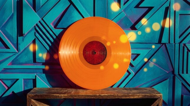 Bright orange vinyl LP record resting against a cyan geometric wall with soft glowing bokeh lights.