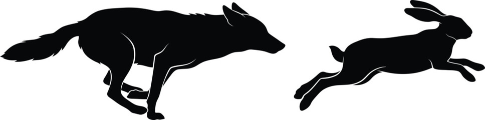 Coyote chasing jackrabbit black silhouette vector illustration © Rifat