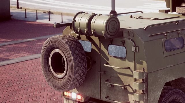 A military vehicle stands still, showcasing its robust design and distinctive green color on a sunny day. The street is lively, adding an urban backdrop to the scene.