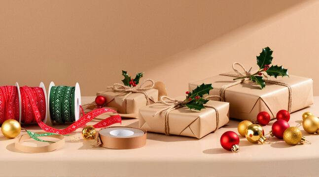 Kraft gifts with twine, holly, ribbon spools on beige. Clean modern Christmas crafting flat lay for holiday DIY, wrapping, and seasonal branding.