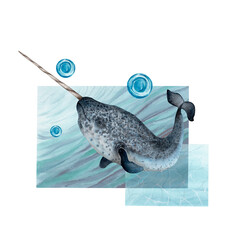 A watercolor composition featuring a narwhal against a seascape with waves, accompanied by bubbles or air pockets. The image is set against a white background. Suitable for children's books, artworks © VIKTORIIA