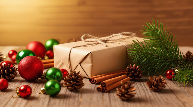 Wooden table with gift-wrapping supplies, kraft paper, twine, ribbon, scissors. Cozy holiday preparation flat lay for DIY wrapping, Christmas crafts, and seasonal blogs.
