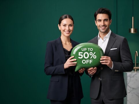 Attractive business professionals presenting a green promotional offer banner for a sale or discount campaign