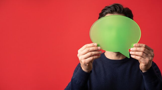 Person holding a translucent green speech bubble obscuring their face against a vibrant red background