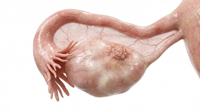 Detailed 3D medical illustration of an ovary with an abnormal growth near the fallopian tube