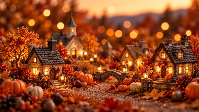Tiny autumn village with glowing cottages pumpkins and stone bridge