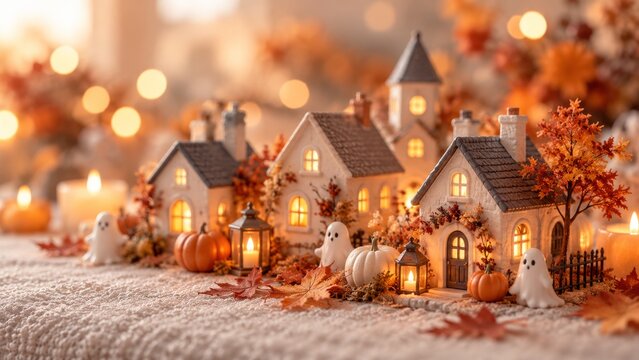 Pastel miniature Halloween village with friendly ghosts and pumpkins
