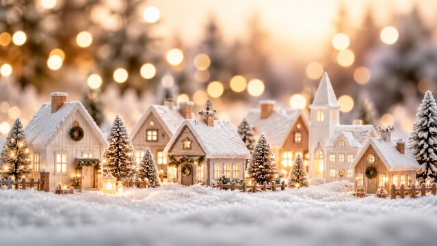 White miniature Christmas village under warm festive bokeh lights
