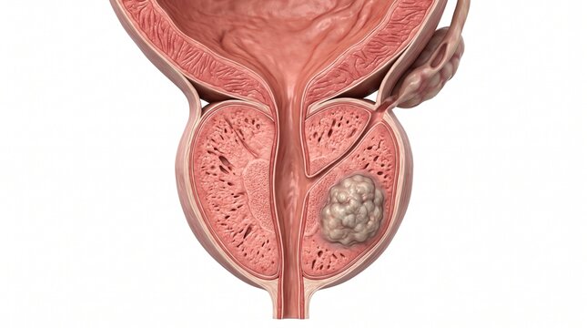 Detailed 3D anatomical model of the prostate and bladder with a visible prostate growth