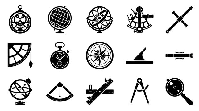 Vintage navigation instruments vector icons set. Retro nautical exploration symbols and cartography tools
