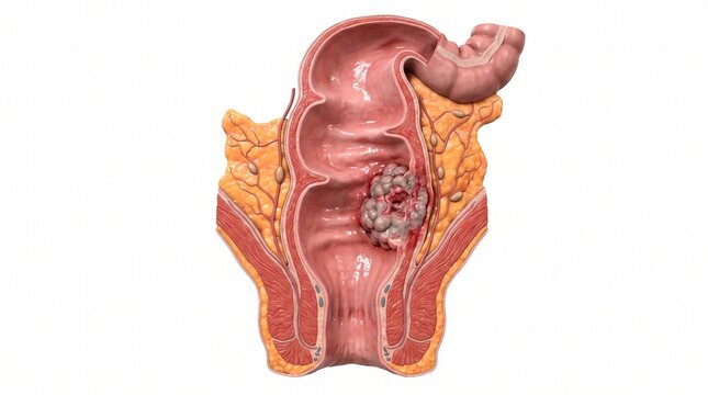 Detailed 3D anatomical cutaway of the rectum showing a localized growth in the bowel wall