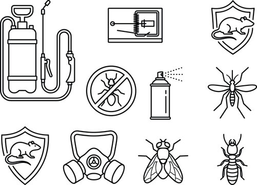 Minimalist pest control extermination service equipment and insect prevention vector line art icon set