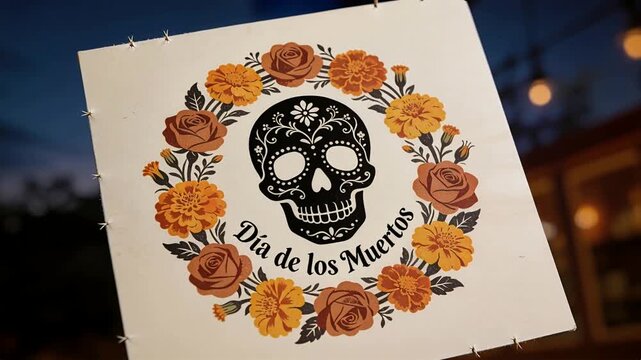 Panning camera causing Dia de los Muertos panel rotating at dusk, revealing staples, floral wreath