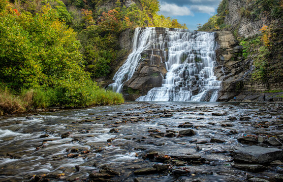 Ithaca Falls cascade and Fall Creek near Ithaca, New York, in autumn