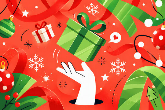 Hand throwing a floating green gift box surrounded by christmas ornaments, ribbons, and snowflakes on a red background
