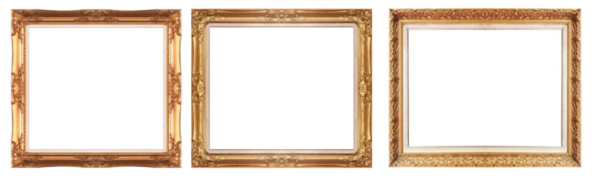 Vintage Antique Golden Picture Frames Set Ornate Baroque Wood Carved Borders isolated on White Background