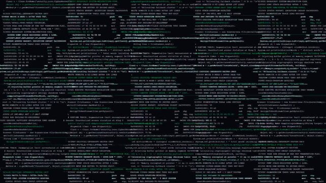 Source Code Scrolling Rapidly on Glitched Hacker Terminal Screen for Cyber Security