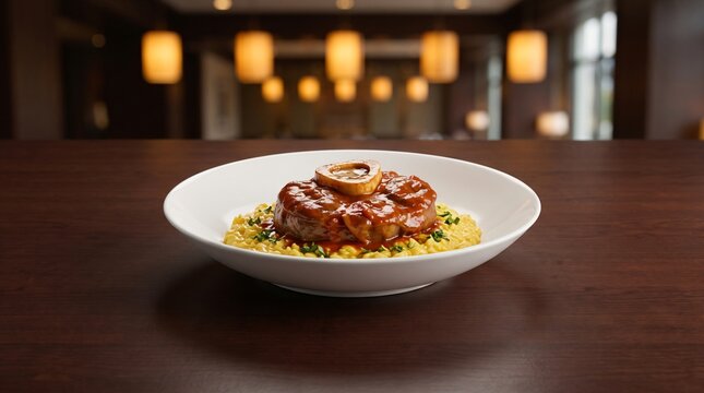 Classic Italian veal osso buco braised shank with bone marrow served over golden saffron risotto alla milanese in a moody luxury fine dining restaurant with warm glowing ambient background bokeh