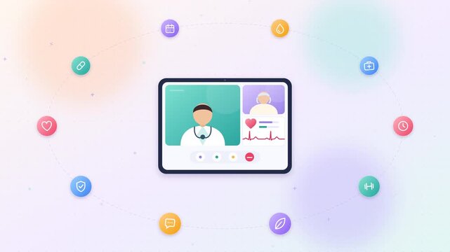 Warm Pastel 4K Animated Healthcare Concept: Tablet Video Consultation Between a Doctor and Senior Patient with Live Heart-Rate Trace and Orbiting Wellness Icons