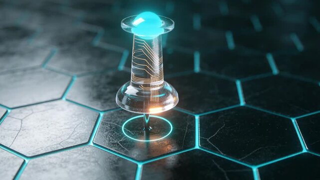 Hovering clear pin nearing hex floor, powering circuits, forming cyan ring and drawing orange beam
