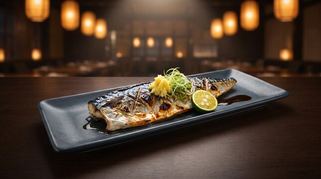 Luxury Japanese charred saba mackerel fish fillet featuring crispy blistered skin and fresh grated ginger plated on a dark table in a moody fine dining restaurant with warm glowing background bokeh