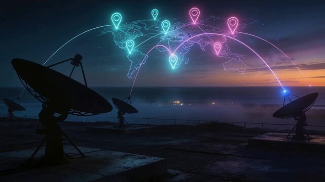 Reacting to hologram map appearing, parabolic dishes on coast sending data pulse to link nodes