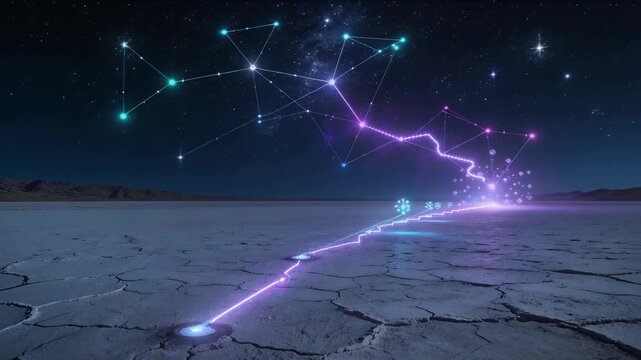 Rising cyan holo treenode pulsing rings on playa, purple arc sending beam linking stars, copy space