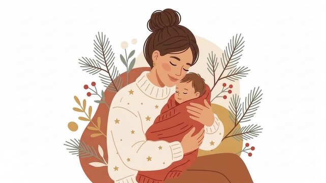 Vector illustration of a happy mother holding her sleeping newborn baby near Christmas tree branches