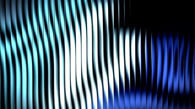 Abstract blue vertical metallic waves moving smoothly across dark screen with futuristic lighting effects in digital motion graphic design pattern background