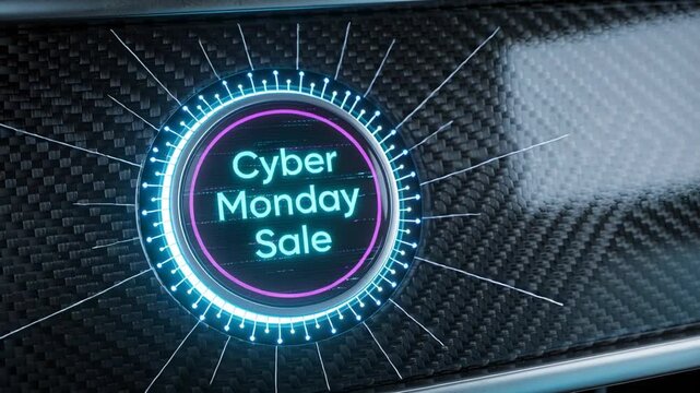 Starting circular Cyber Monday Sale badge pulsing outer ring on carbon panel highlighting sale