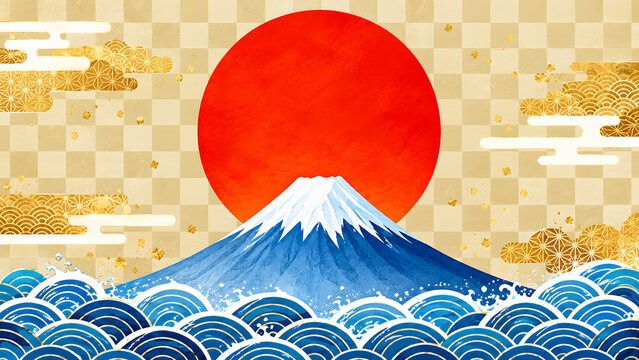 Japanese mount fuji watercolor with blue ocean waves, golden checkered background, red sun, and traditional clouds
