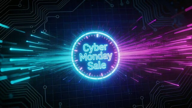 Opening neon badge pulsing for Cyber-Monday Sale, sending cyan pink beams on tech grid
