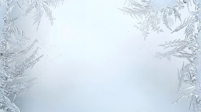 Intricate ice formations on glass creating a decorative frosty border for winter themes.