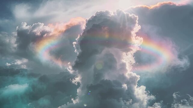Piercing sun rays backlighting cloud column in sky, revealing iridescent halo as sun nears horizon