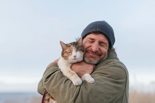 Man hugging a calico cat on a leash outdoors, showing a tender and affectionate bond in a meadow for pet adventure stories