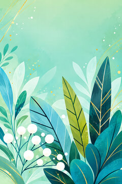 Mint botanical foliage with gold accents, watercolor leaves and white berries background