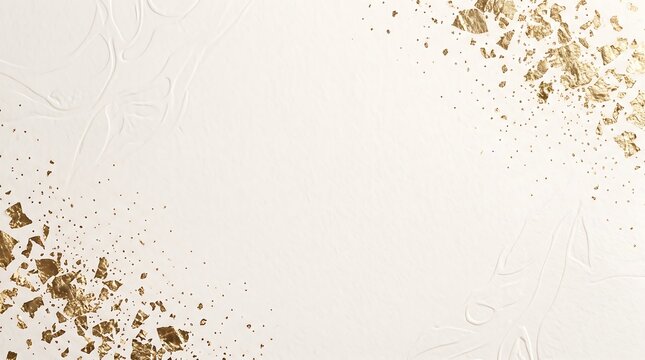 Gold foil flakes corner border on textured white plaster background with copy space for luxury wedding invitation