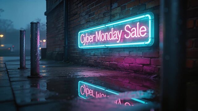 Moving camera revealing neon sign Cyber Monday Sale on brick wall at night, showing rippling puddle