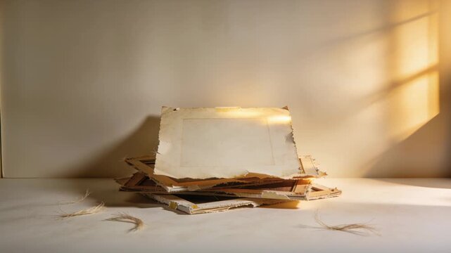 Entering sunlight through window grid moving across papers on table, highlighting aged torn sheets