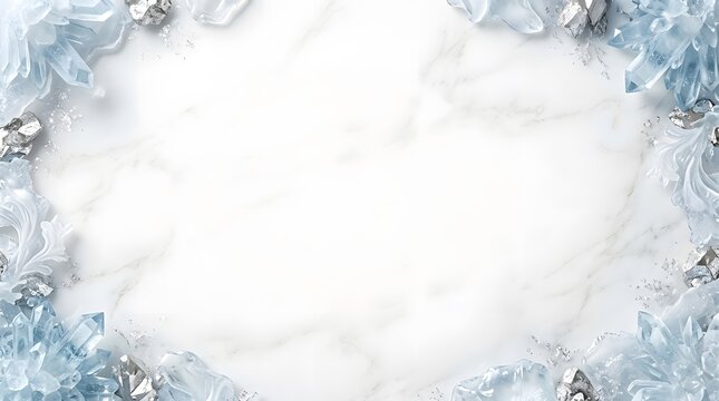 Elegant white marble surface framed by shimmering blue ice crystals and silver accents offers a luxurious winter background.