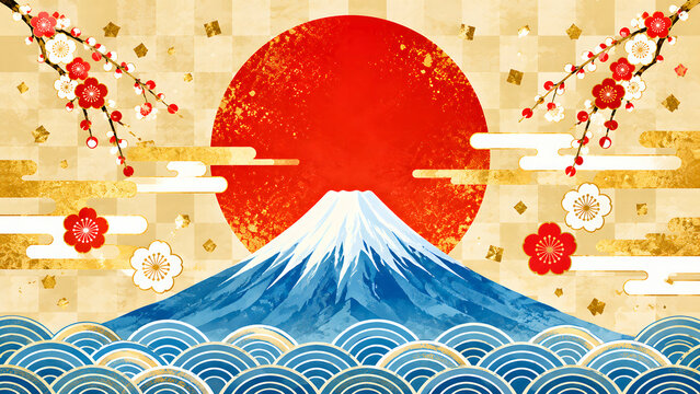 Mount fuji japanese new year background, with red sun, plum blossoms, and, golden patterns