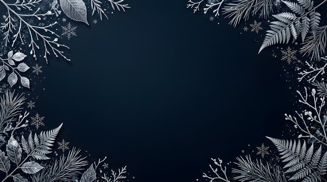Dark blue background with silver winter foliage and snowflake border for holiday design.