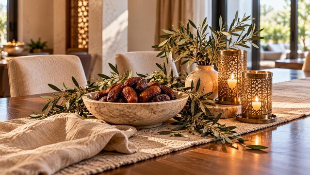 A decorative dining table centerpiece featuring a bowl of dates, fresh olive tree branches, and glowing metal candle holders set inside a sunlit luxury home interior space