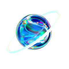 Iridescent planet with ring isolated, 3D render © brayam