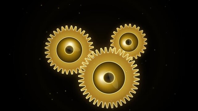 Golden gears rotating together seamlessly on dark background animation
