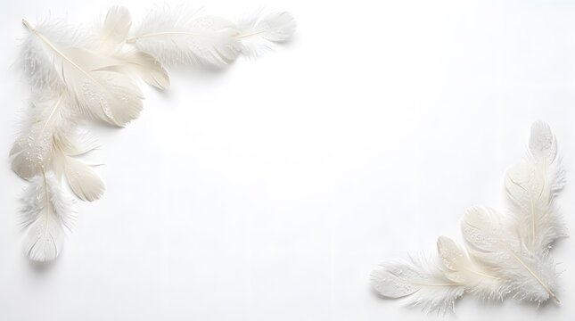 White feathers with small water drops arranged in two corners creating a light and airy frame on a clean background.