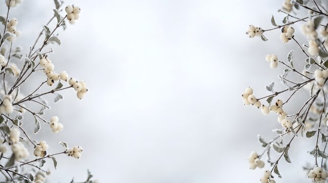 Frosted branches with white berries framing a soft, bright background, suitable for elegant winter or holiday themes.